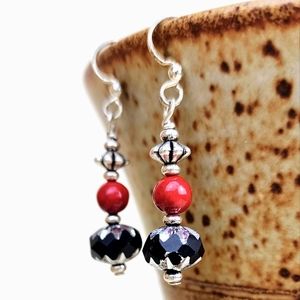 #42‎ Black, Silver & Red, Small Dangle Earrings, Handmade